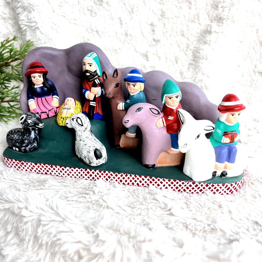 Folk Art Nativity Set One-Piece Peru Colorful Terracotta Mary Joseph Jesus